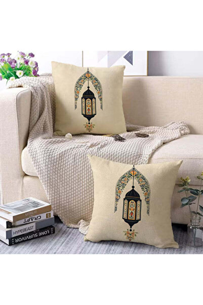 BYFT أغطية وسائد العيد بخلفية بيج، مزينة بنقوش فانوس رمضاني وزهور - الحشوات غ...