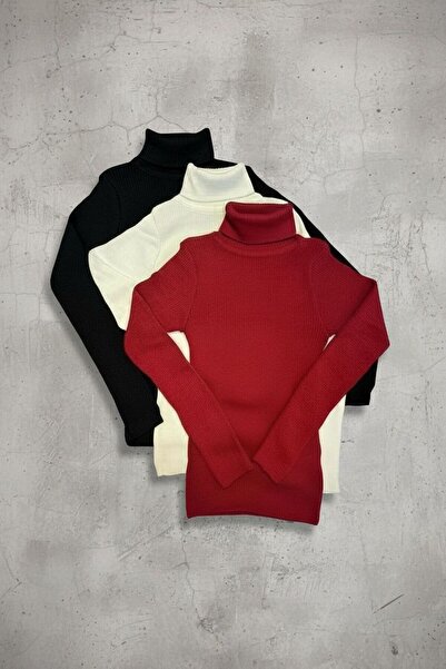 WYNA BOUTİQUE Bordo-Ekru-Black 3-Piece Premium Women's Turtleneck Knit Sweater