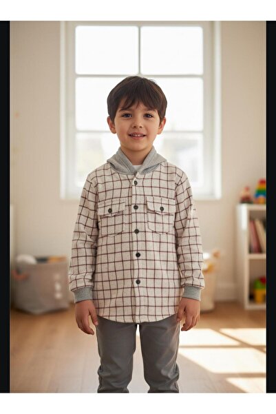 Gala Hooded Plaid Unisex Children's Shirt with Elasticated Sleeves