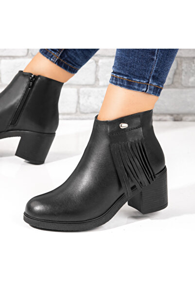 Modlet.ro Women's black fringe heeled boots made of leather MOD05645