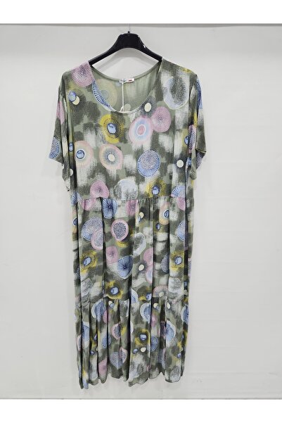 della moor Khaki Italian Ethnic Pattern Short Sleeve Long Viscose Dress 38 - ...