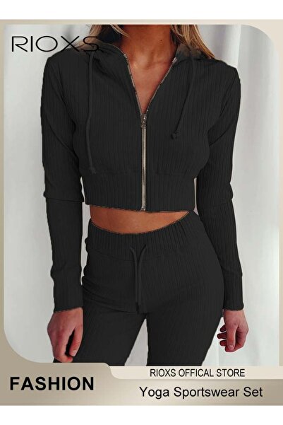 RIOXS Women 2 Piece Yoga Sportswear Set Hooded Zipper Coat And Pants Set Long...