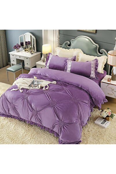 OEM Bed linen, velvet, 2 people, 4 pieces, with heart pleats, 180x200cm, purp...