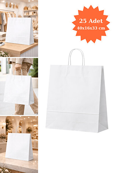 Plas+Plus Burgu Saplı Kraft Çanta Beyaz Kağıt Poşet Butik Mağaza Hediye Tatlı...