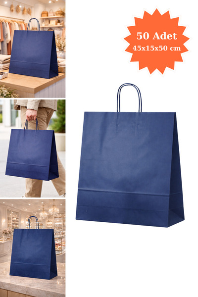 Plas+Plus Elit Burgu Saplı Kraft Çanta Mavi FSC Sertifikalı Kağıt Poşet Butik...