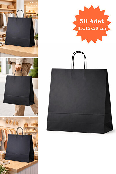 Plas+Plus Elit Burgu Saplı Kraft Çanta Siyah FSC Sertifikalı Kağıt Poşet Buti...