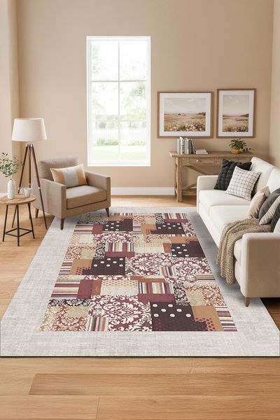 ferahome Dijital Baskı Kaymaz Dot Taban Yıkanabilir Halı Oda Salon Kesme Yoll...