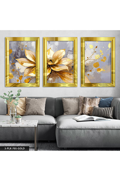 Evinemoda Slika u uljanoj boji sa zlatnim cvetom, 3 dela, zrcalna slika od pl...