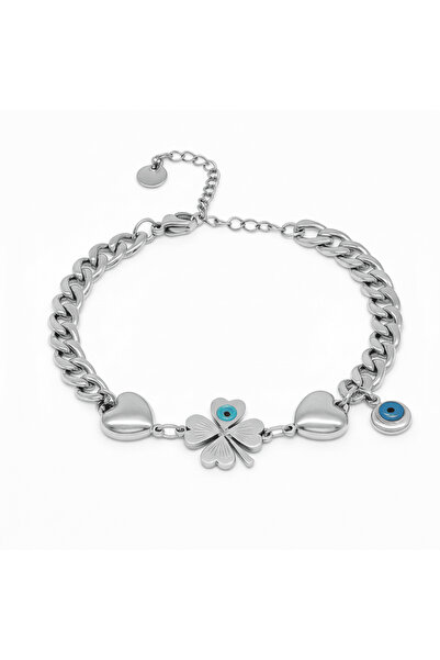 Tesbihane Women's Steel Bracelet - Gourmet Model - Clover Leaf Detail - Heart...