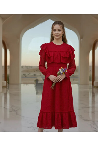 HÇ Hülya Çelik KİDSWEAR 2018 Red Lace Girl's Dress Long Sleeve Midi Elegant S...