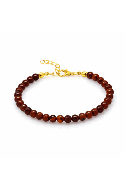 Tesbihane سوار نسائي من العنبر الطبيعي - أحمر داكن - قطع كروي - مع سلسلة فولاذية