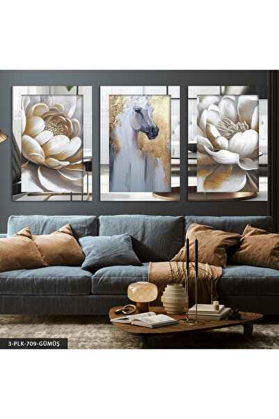 Evinemoda Beli konj i cvet, slika od pleksiglasa sa ogledalnim efektom, 3 dela