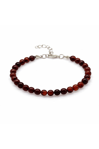 Tesbihane Men's Natural Drop Amber Bracelet - Dark Red - Sphere Cut - with St...