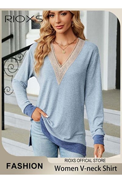 RIOXS Women's V-neck Long Sleeve Lace Trim T-Shirt, Loose Fit Casual Blouses ...