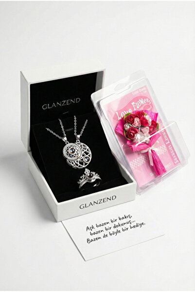 GLANZEND 100 Dilde Seni Seviyorum Ay Yıldız Kolye Ve Yüzük Seti Sevgililer Gü...