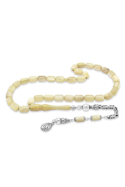 Tesbihane Koç Boynuzu Tesbih - 925 Ayar Gümüş Kral Zincir Püsküllü - Krem Ren...