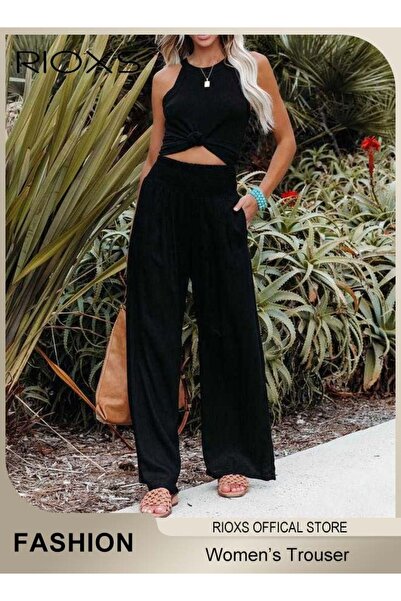 RIOXS Women Casual Pants, Wide Leg Cotton Linen Trouser, Comfy Elastic High W...