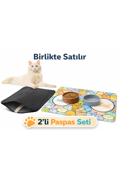 SoGood Concept Kedi Tuvalet Önü Ve Kedi Köpek Mama Paspası (Renkli) SET (İkil...