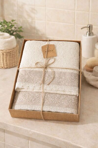 LİNDENİ HOME Bath Towel Set of 2 100% Cotton Natural Embroidered and with Lac...