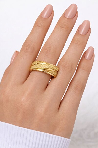 BY YASİN TOPÇU 💍 ✨   Silvery Striped Detail Gold Color Ring (Size 18) ✨
