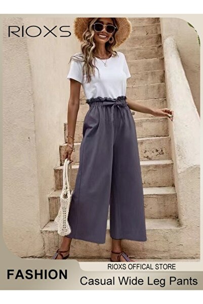 RIOXS Wide Leg Ruffle Pants For Women Girls Casual Loose High Waist Tie-Knot ...