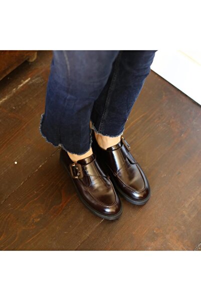 Platin Brown Leather Women's Buckle Casual Shoes