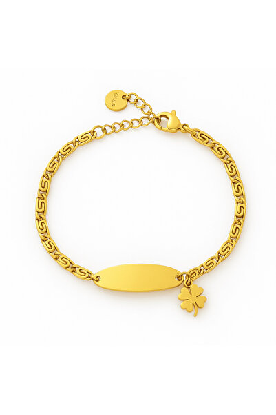 Tesbihane Çocuk Çelik Bileklik - İsme Özel Yazılı - Altın Renk - Yonca Yaprağ...