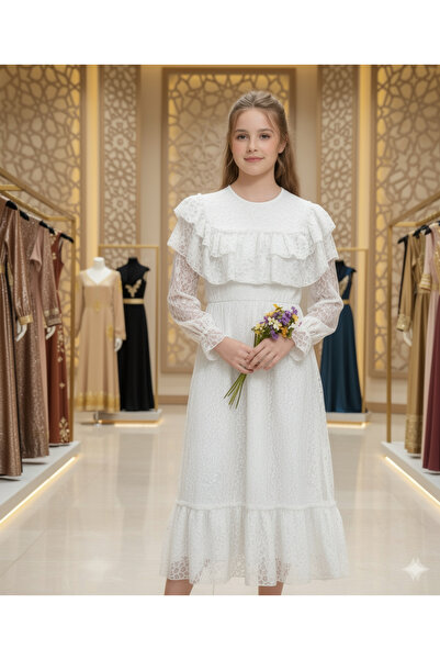 HÇ Hülya Çelik KİDSWEAR 2018 Rochie de fetiță din dantelă albă cu mâneci lung...