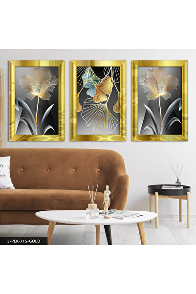 Evinemoda Artă abstractă Floare de aur Tablou cu oglindă din plexiglas, 3 piese