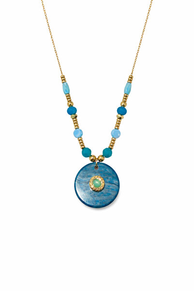 Tasarım Women's Blue Natural Stone Round End Elegant Gold Necklace