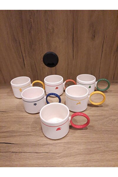 Keramika BÜYÜK HALKA KUPLU ÇAY FİNCANI 6 ADET RENGARENK