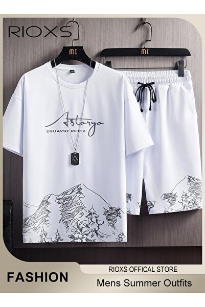 RIOXS Mens 2 Piece Set Summer Outfits-Trendy Printed City Sketch T-shirt & El...