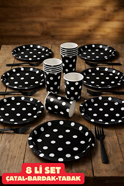 Baloncu Dede Karton Siyah Puantiyeli 8 Adet Renkli Tabak Bardak Set Doğum Gün...