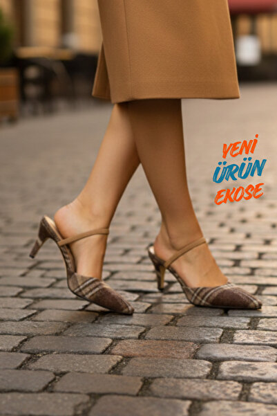 diya shoes Brown Plaid Pattern Pointed Toe Heeled Slippers - Elegant and Styl...