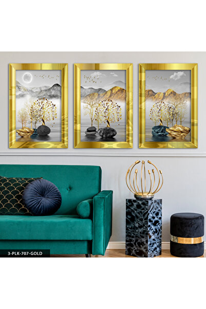 Evinemoda Pictură în plexiglas cu oglinzi, 3 piese, cu copaci aurii și munți