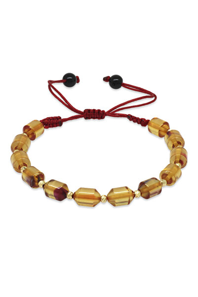 Tesbihane Makrome Örgülü Sarı Dorika Top Süslemeli Şeffaf Bonibon Ateş Kehrib...