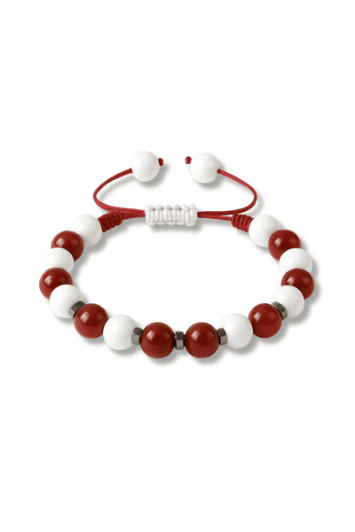 Tesbihane Macrame Braided Sphere Cut Red White Jade Agate Hematite Natural St...