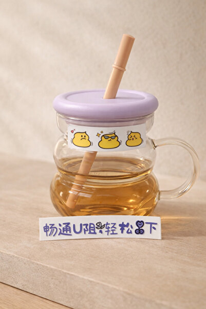 Kitchen Way 750ml Borosilicate Cute Glass Flask with Sticker and Straw Lid Kw...