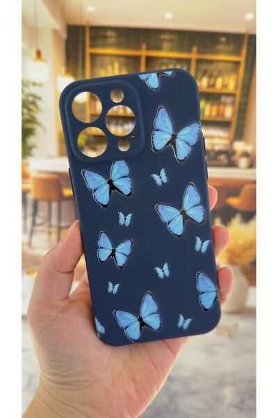 Vip Case iPhone 13 Pro Max Compatible Blue Butterfly Patterned Silicone Shock...