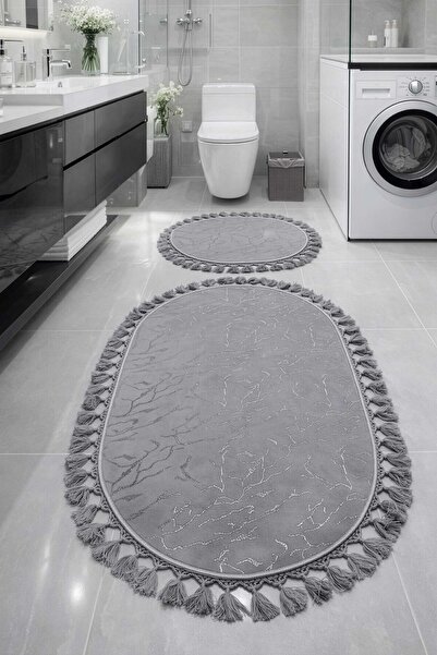 Monnhein Glitter Bamboo 2-Piece Bath Mat Set, with Pompom, Non-Slip Leather B...