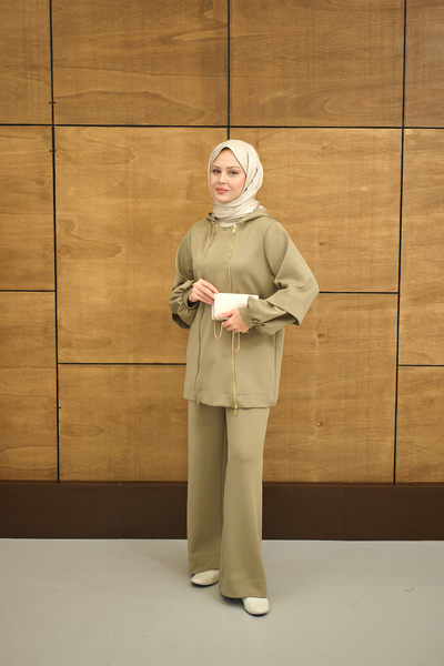 LOCCO Women's Hooded Double Zipper Detail Regular Scuba Suit Khaki Green