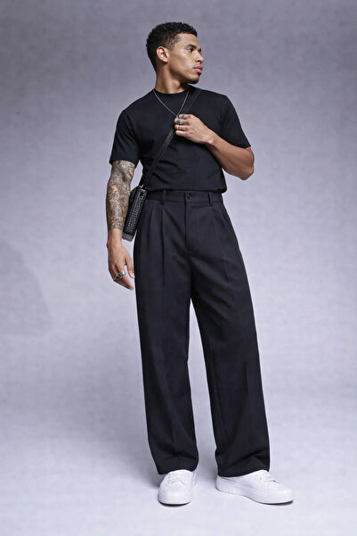 COMBİNE MİCHAİL Ανδρικό φαρδύ μαύρο παντελόνι με φαρδιά μπατζάκια