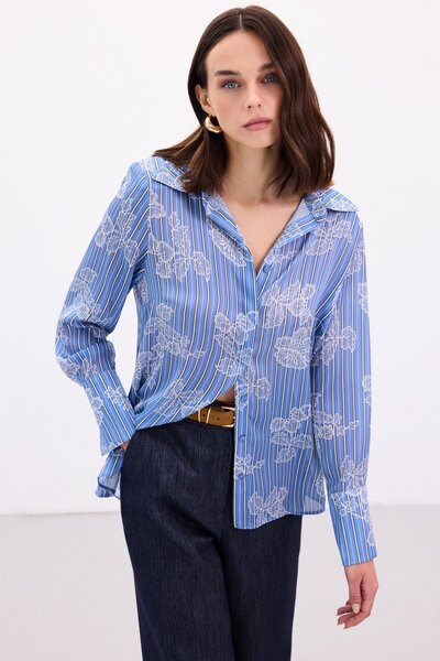 Sateen Wide Cuff Shirt - Blue