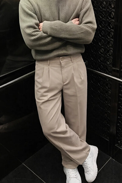 COMBİNE MİCHAİL Men's Wide Leg Loose Cream Baggy Trousers