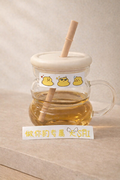 Kitchen Way 750ml Borosilicate Cute Glass Flask with Sticker and Straw Lid Kw...