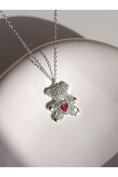 Reorah Collection Red Heart Teddy Bear Necklace - Silver Color