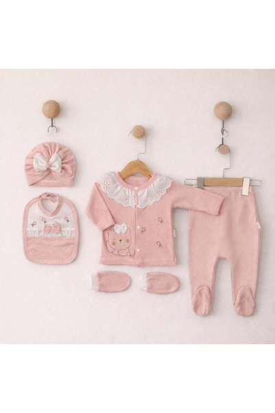 BYS BABY FASHION 100% Cotton 5-Piece Newborn Baby Girl Hospital Discharge Bodysuit Set with Ruffled Bow 0-3 Months