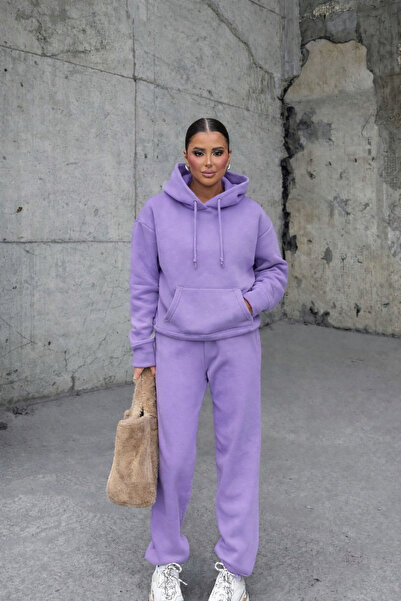 YAKAMEL SET DE PANTALONI DE TRENING CU GLUGĂ, CU TĂLIE ÎNALTĂ, CU TEXTURĂ MOA...