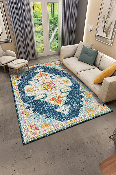 ferahome Dijital Baskı Vintage Eskitme Desenli Kaymaz Dot Taban Yıkanabilir O...