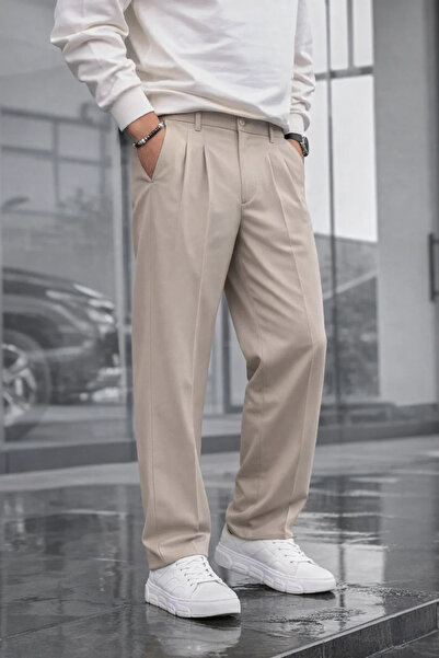 COMBİNE MİCHAİL Men's Double Pleated Loose Cream Baggy Trousers